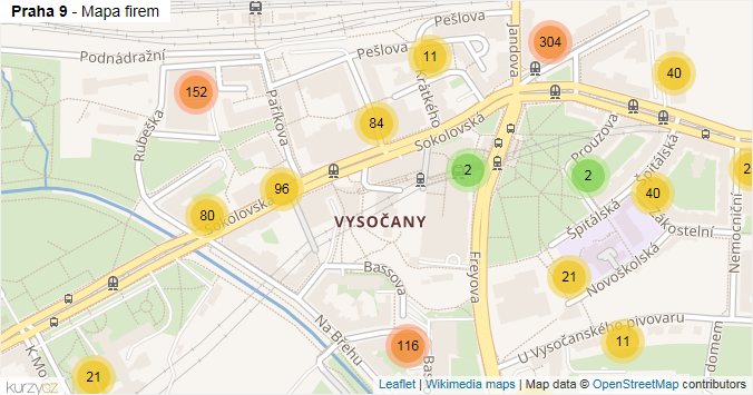 Mapa Praha 9 - Firmy v městské části.