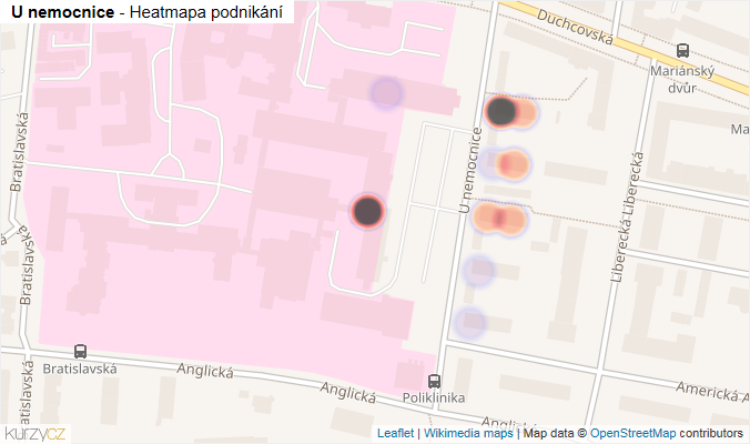 Mapa U nemocnice - Firmy v ulici.