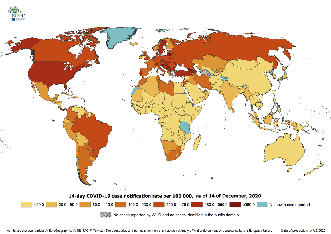 Mapa počtu výskytů koronaviru ve světě