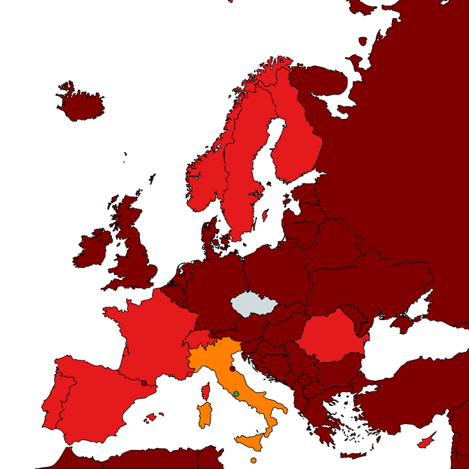 Mapa zemí podle míry rizika nákazy COVID-19