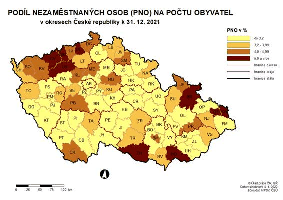 Podíl nezaměstnaných osob na počtu obyvatel v okresech ČR k 31. 12. 2021